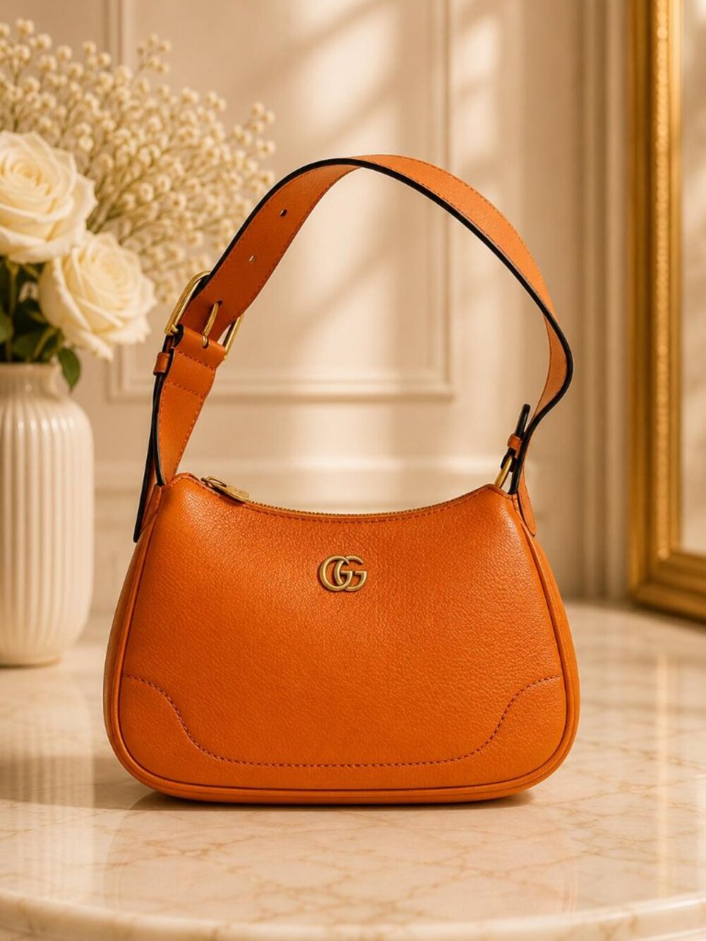 Authentic Gucci GG Marmont Orange Leather Shoulder Bag Small Gold Logo Handbag